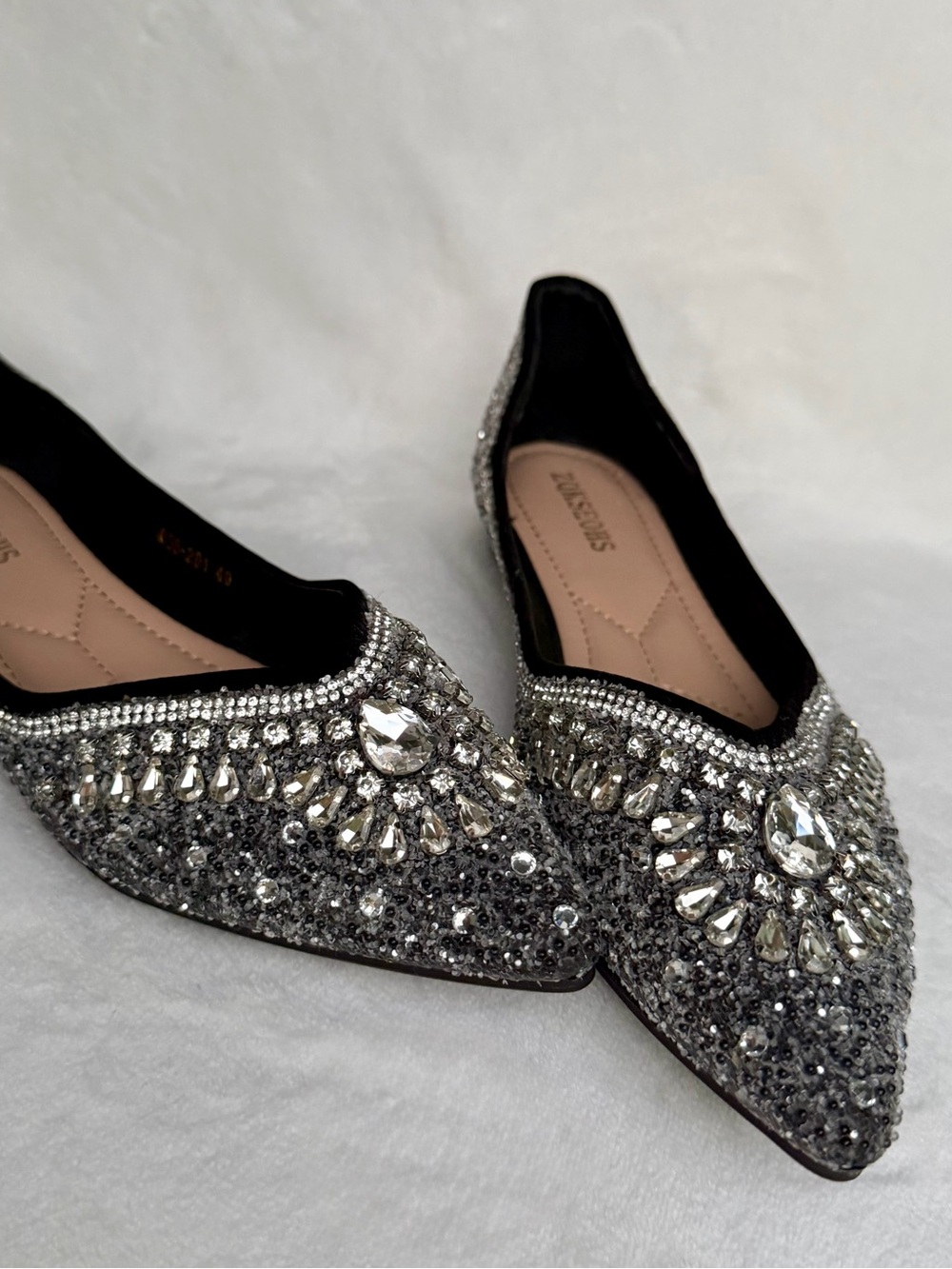 ZQKSEOHS Black Rhinestone Sparkly Pointed Toe Dress Ballet Flats Size 40 - Picture 12 of 12